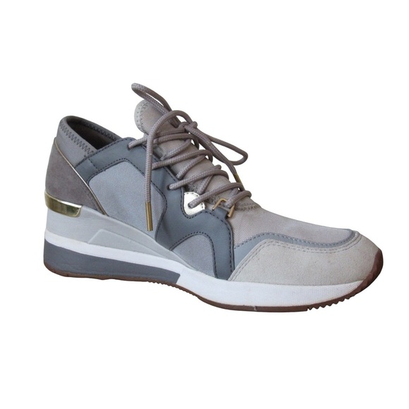Michael Kors Liv Trainer Platform Wedge Sneakers 9.5 Gray Leather Lace Up - Picture 2 of 10